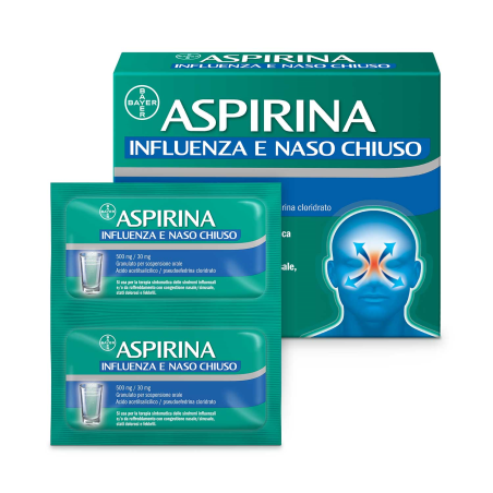 Aspirina Influenza e Naso Chiuso 500 mg/30 mg Granulato antinfiammatorio Aspirina Influenza e Naso Chiuso 500 mg/30 mg Granulato antinfiammatorio