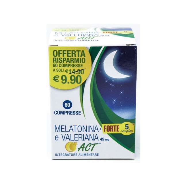 Melatonina act 1mg + valeriana + 5 forte complex 60 compresse Melatonina act 1mg + valeriana + 5 forte complex 60 compresse
