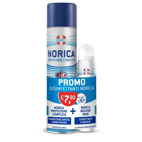 Norica protezione completa disinfettante aerosolo azione virucida essenza balsamica 300 ml + mousse mani disinfettante e idratan Norica protezione completa disinfettante aerosolo azione virucida essenza balsamica 300 ml + mousse mani disinfettante e idratan