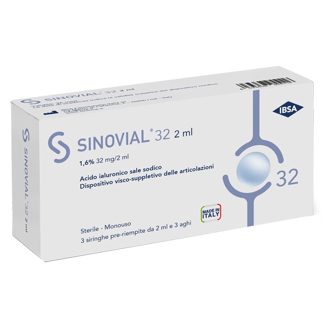 IBSA Farmaceutici Siringa Intra-articolare Sinovial 32 Acido Ialuronico Sale Sodico 1,6% 32mg/2ml 3 Siringhe X 2ml + 3 Aghi