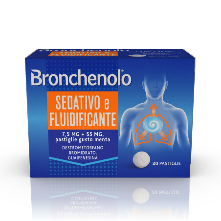 Bronchenolo Sedativo e Fluidificante 7,5 mg + 55 mg Pastiglie Gusto Menta 20 pastiglie Bronchenolo Sedativo e Fluidificante 7,5 mg + 55 mg Pastiglie Gusto Menta 20 pastiglie