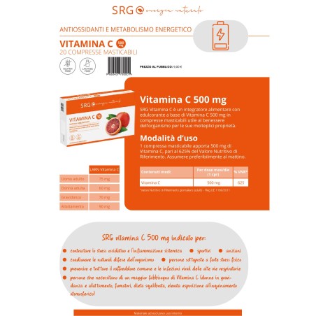 SRG Vitamina C 500 mg Integratore immunostimolante e antiossidante 20 compresse