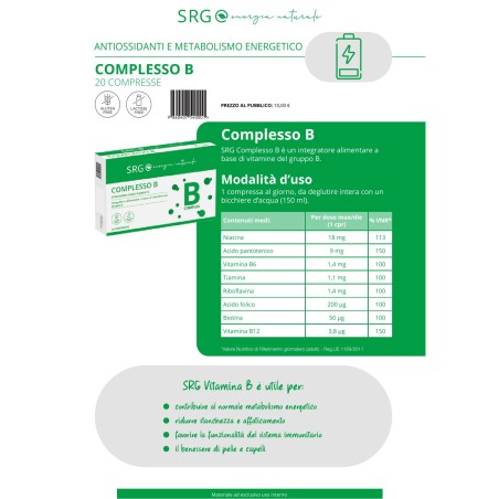 SRG Complesso B Integratore per energia e sistema immunitario 20 compresse