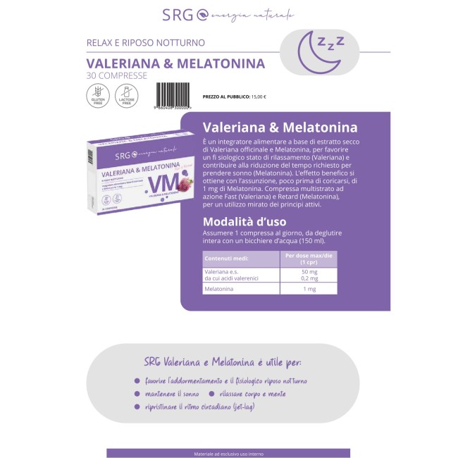 SRG Valeriana e Melatonina Integratore per rilassamento e sonno 30 compresse SRG Valeriana e Melatonina Integratore per rilassamento e sonno 30 compresse