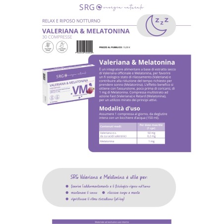 SRG Valeriana e Melatonina Integratore per rilassamento e sonno 30 compresse SRG Valeriana e Melatonina Integratore per rilassamento e sonno 30 compresse