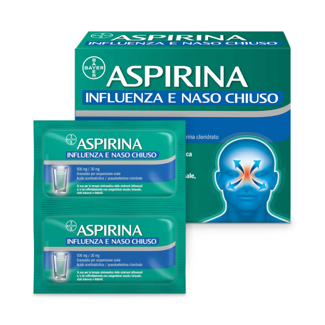 Bayer Aspirina Influenza E Naso Chiuso 500 Mg / 30 Mg Granulato Per Sospensione Orale Acido Acetilsalicilico, Pseudoefedrina Clo Bayer Aspirina Influenza E Naso Chiuso 500 Mg / 30 Mg Granulato Per Sospensione Orale Acido Acetilsalicilico, Pseudoefedrina Clo