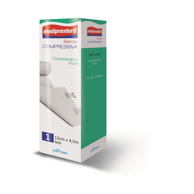 Corman Benda Medipresteril Compressione Forte M4,5x12cm Tesi Con Clip Di Fissaggio Corman Benda Medipresteril Compressione Forte M4,5x12cm Tesi Con Clip Di Fissaggio