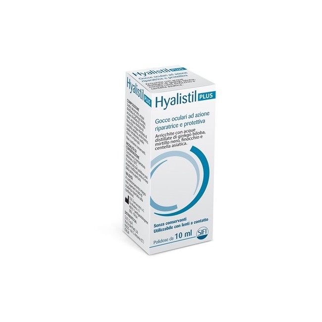Gocce oculari hyalistil plus acido ialuronico 0,4% acqua distillata di ginkgo biloba + mirtillo nero + finocchio + centella asia