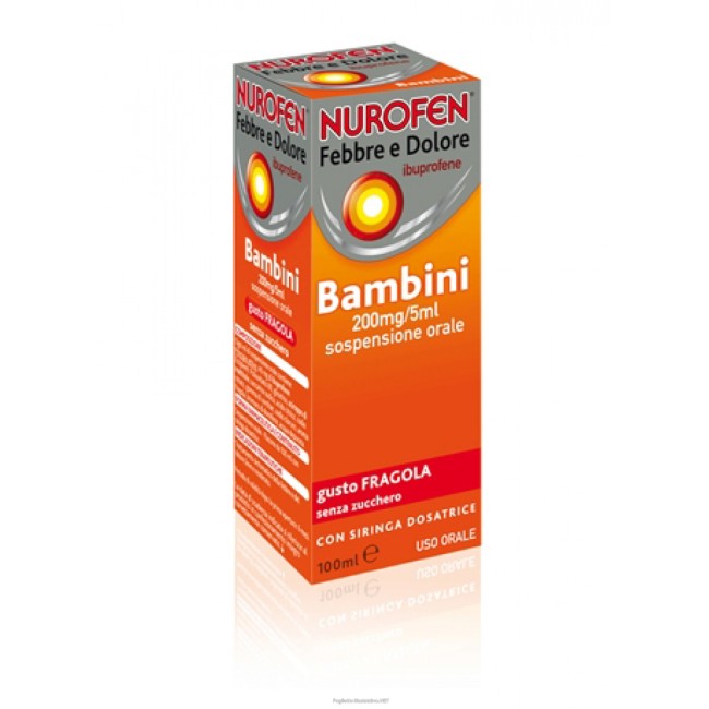 Nurofen Febbre e Dolore 200mg/5ml Sospensione Orale 200mg/5 ml Gusto Fragola Senza Zucchero Flacone da 100ml con Siringa Dosatri