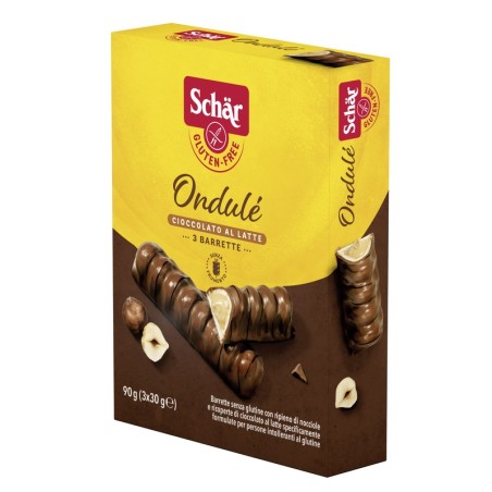 Schar Ondule' Barrette Con Ripieno Di Nocciole Ricoperte Di Cioccolato Al Latte 3 Porzioni Da 30 G Schar Ondule' Barrette Con Ripieno Di Nocciole Ricoperte Di Cioccolato Al Latte 3 Porzioni Da 30 G