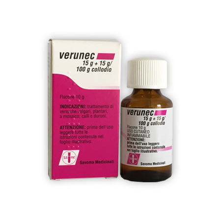 Verunec 15 g + 15 g/100 g Soluzione viscosa (collodio) per la pelle Verunec 15 g + 15 g/100 g Soluzione viscosa (collodio) per la pelle