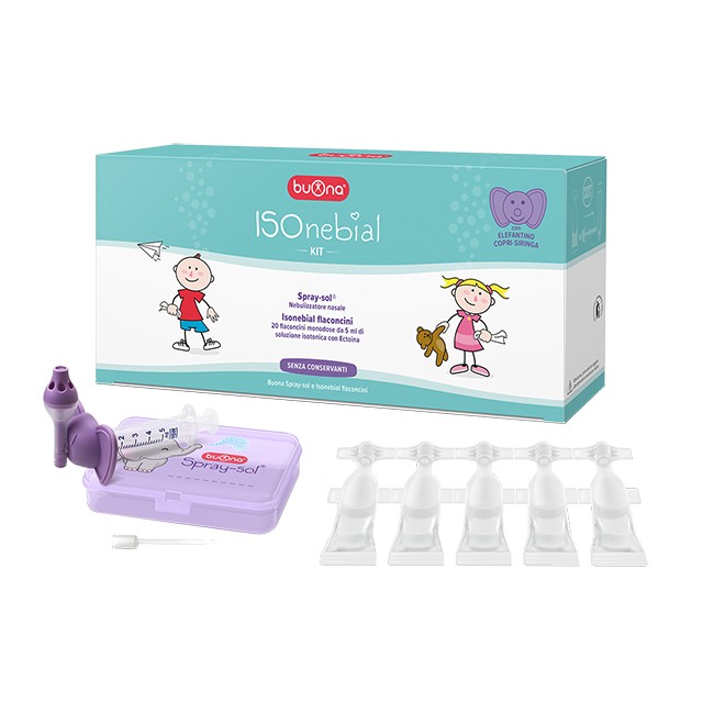 Buona Isonebial Kit Pulizia Cavita' Nasali 20 Flaconcini Monodose 5 Ml + Siringa Luer Lock Soft-jeck + Ago Cannula + Nebulizzato