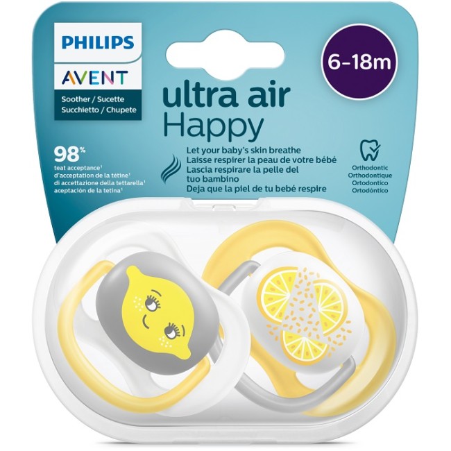 Philips Avent Ultra Air Ciuccio Ortodontico 6-18 Mesi Neutro/limoni 2 Pezzi Philips Avent Ultra Air Ciuccio Ortodontico 6-18 Mesi Neutro/limoni 2 Pezzi