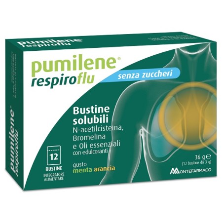Montefarmaco Pumilene Respiroflu Senza Zucchero 12 Bustine Gusto Menta Arancia 36 G Montefarmaco Pumilene Respiroflu Senza Zucchero 12 Bustine Gusto Menta Arancia 36 G