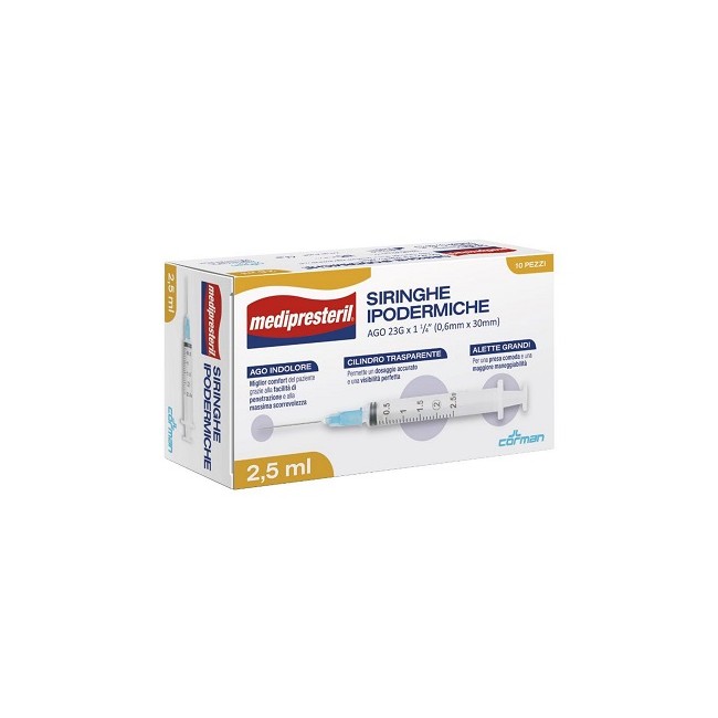 Corman Siringa Ipodermica Medipresteril Ago 23 Gauge 1 1/4 0,6x30mm 2,5 Ml 10 Pezzi Corman Siringa Ipodermica Medipresteril Ago 23 Gauge 1 1/4 0,6x30mm 2,5 Ml 10 Pezzi