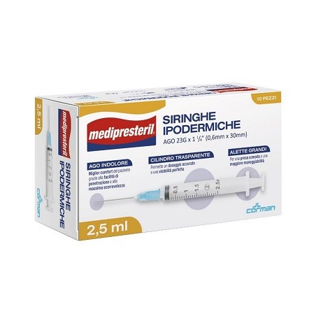 Corman Siringa Ipodermica Medipresteril Ago 23 Gauge 1 1/4 0,6x30mm 2,5 Ml 10 Pezzi