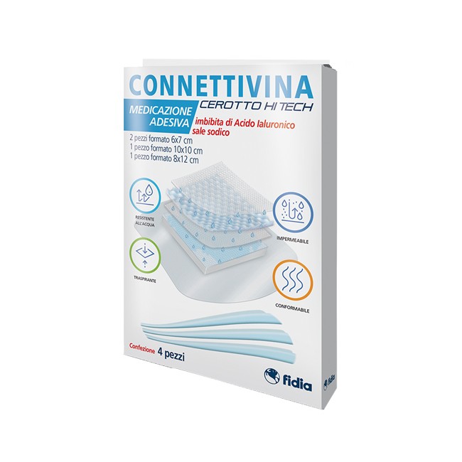 Fidia Farmaceutici Cerotto Connettivina Hitech 4 Misure Miste 2 Pezzi 6 X 7 Cm + 1 Pezzo 10 X 10 Cm + 1 Pezzo 8 X 12 Cm