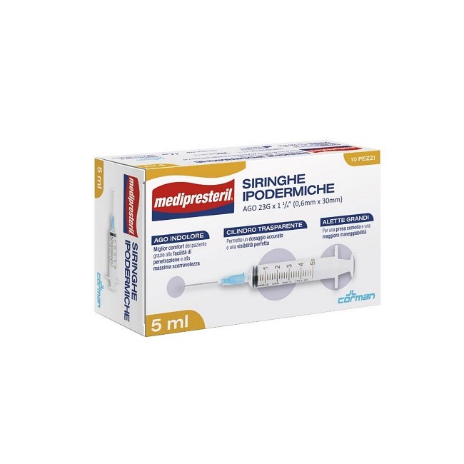 Corman Siringa Ipodermica Medipresteril Ago 23 Gauge 1 1/4 0,5x30mm 5 Ml 10 Pezzi Corman Siringa Ipodermica Medipresteril Ago 23 Gauge 1 1/4 0,5x30mm 5 Ml 10 Pezzi