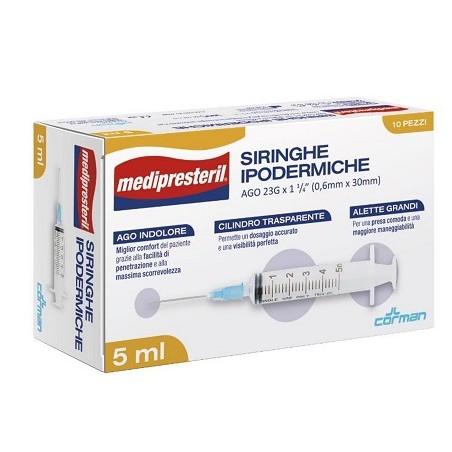 Corman Siringa Ipodermica Medipresteril Ago 23 Gauge 1 1/4 0,5x30mm 5 Ml 10 Pezzi