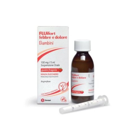 Fluifort Febbre e Dolore Bambini 100mg/5ml Sospensione orale per la febbre gusto fragola 150 ml Fluifort Febbre e Dolore Bambini 100mg/5ml Sospensione orale per la febbre gusto fragola 150 ml
