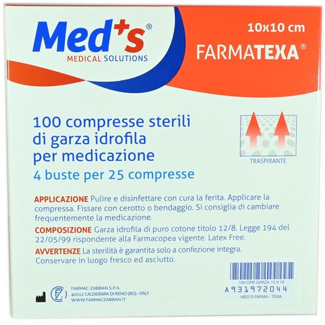 Farmac-zabban Garza Compressa Idrofila Meds Farmatexa 2/8 10x10cm 100 Pezzi Farmac-zabban Garza Compressa Idrofila Meds Farmatexa 2/8 10x10cm 100 Pezzi