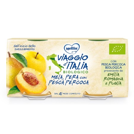 Mellin viaggio italia bio omogeneizzato mela+pera+pesca percoca 2 x 100 g