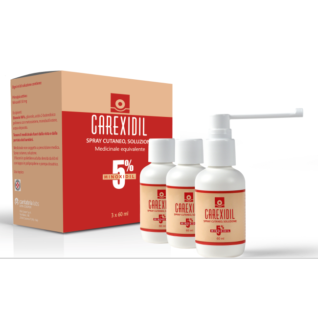 Carexidil 5% spray cutaneo, soluzione 5% spray cutaneo soluzione, 3 flaconi in hdpe da 60 ml con pompa dosatrice