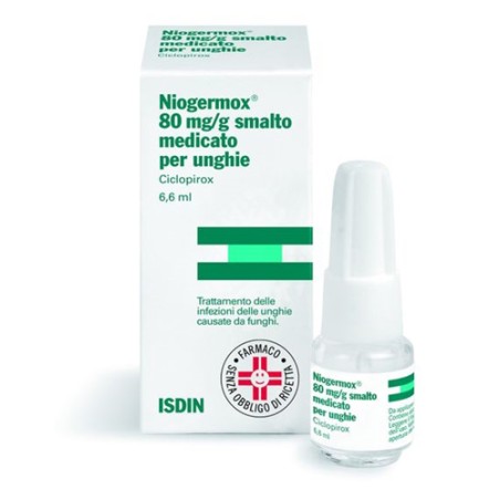 Niogermox 80 mg/g smalto medicato per unghie 80 mg/g smalto medicato per unghie flacone in vetro da 6,6 ml con tappo a vite pp Niogermox 80 mg/g smalto medicato per unghie 80 mg/g smalto medicato per unghie flacone in vetro da 6,6 ml con tappo a vite pp