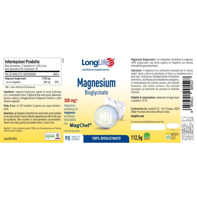 Longlife Magnesium Bisglycinate 90 Tavolette Divisibili Senza Glutine