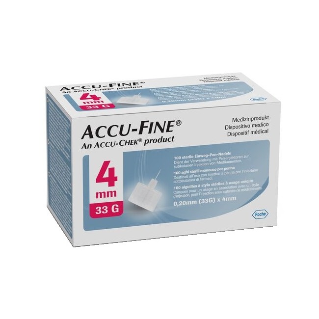 Roche Ago Ipodermico Per Penna Da Insulina Accu-fine In Acciaio Inox 33 Gauge 4 Mm 100 Pezzi