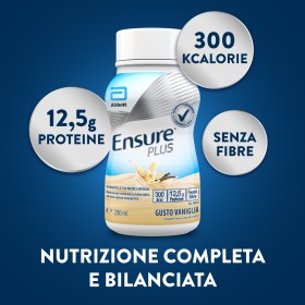 Confezione da 4 bottiglie da 200 ml Ensure Plus gusto vaniglia, supplemento nutrizionale ipercalorico pronto da bere.