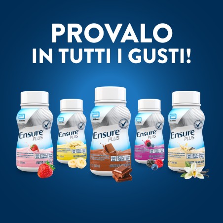 Confezione da 4 bottiglie da 200 ml Ensure Plus gusto vaniglia, supplemento nutrizionale ipercalorico pronto da bere.