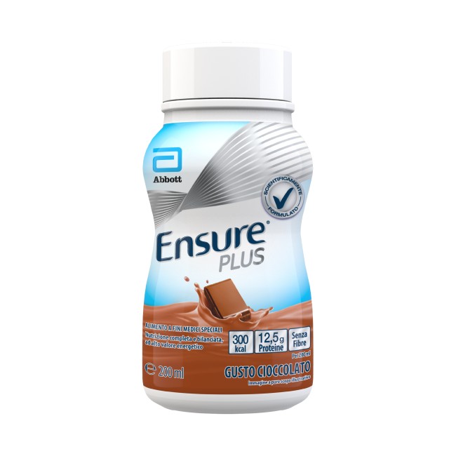 Confezione da 4 bottiglie da 200ml, Ensure Plus gusto cioccolato, supplemento nutrizionale ipercalorico pronto da bere.