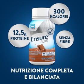 Confezione da 4 bottiglie 200ml, Ensure Plus gusto cioccolato, supplemento nutrizionale ipercalorico pronto da bere.
