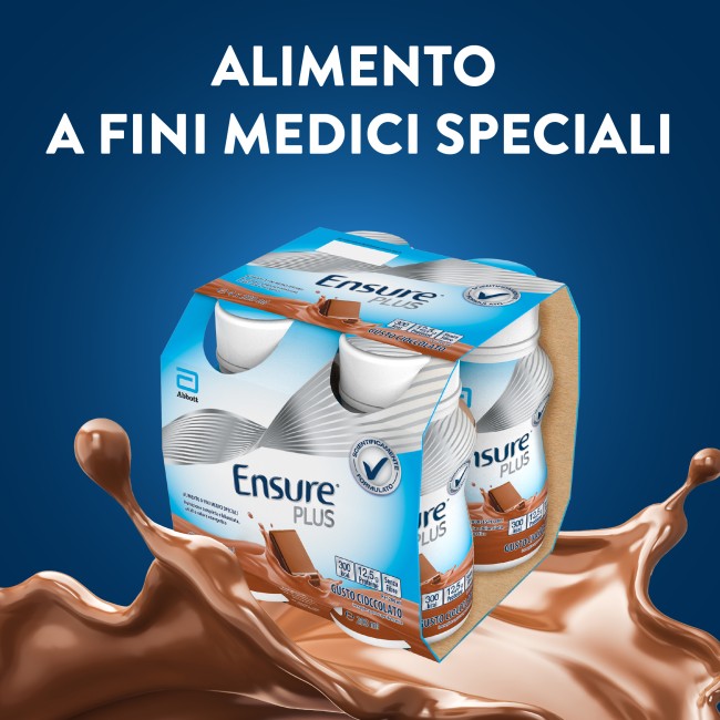 Confezione da 4 bottiglie 200ml, Ensure Plus gusto cioccolato, supplemento nutrizionale ipercalorico pronto da bere.