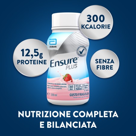 Confezione da 4 bottiglie 200ml, Ensure Plus gusto fragola, supplemento nutrizionale ipercalorico pronto da bere.