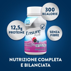 Confezione da 4 bottiglie da 200 ml Ensure Plus gusto frutti di bosco, supplemento nutrizionale ipercalorico pronto da bere.