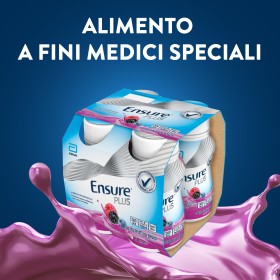 Confezione da 4 bottiglie da 200 ml Ensure Plus gusto frutti di bosco, supplemento nutrizionale ipercalorico pronto da bere.
