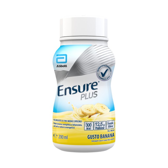 Confezione da 4 bottiglie da 200 ml Ensure Plus gusto banana, supplemento nutrizionale ipercalorico pronto da bere.