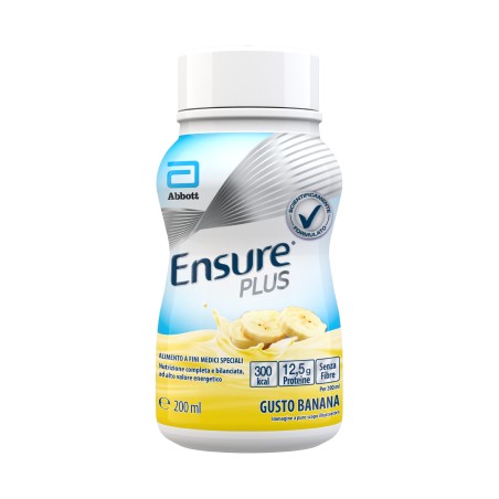 Confezione da 4 bottiglie da 200 ml Ensure Plus gusto banana, supplemento nutrizionale ipercalorico pronto da bere.