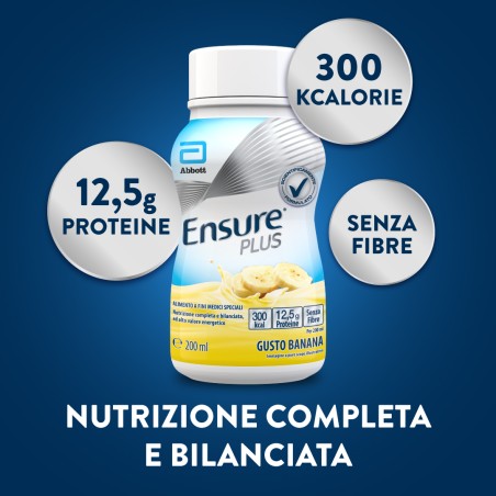Confezione da 4 bottiglie da 200 ml Ensure Plus gusto banana, supplemento nutrizionale ipercalorico pronto da bere.