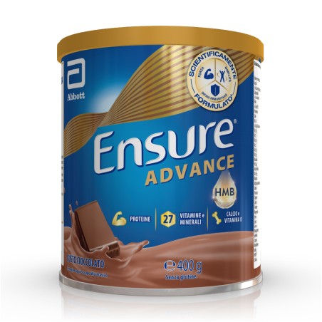 Barattolo Ensure Advance 400 g gusto cioccolato, integratore nutrizionale per forza ed energia.