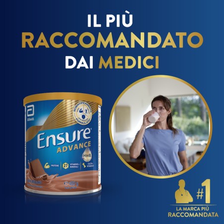 Barattolo Ensure Advance 400 g gusto cioccolato, integratore nutrizionale per forza ed energia.