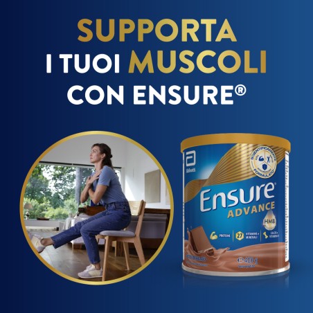 Barattolo Ensure Advance 400 g gusto cioccolato, integratore nutrizionale per forza ed energia.