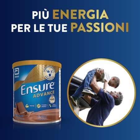 Barattolo Ensure Advance 400 g gusto cioccolato, integratore nutrizionale per forza ed energia.