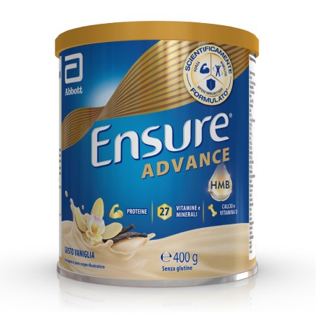 Barattolo Ensure Advance 400 g gusto vaniglia, integratore nutrizionale per forza ed energia.