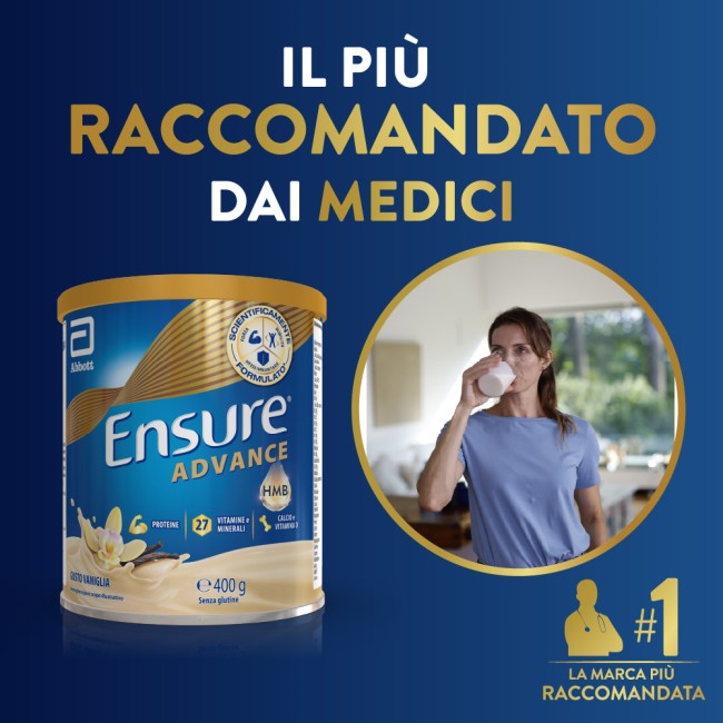 Barattolo Ensure Advance 400 g gusto vaniglia, integratore nutrizionale per forza ed energia.