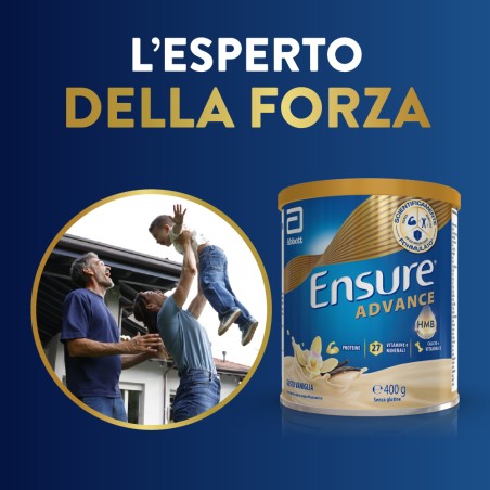 Barattolo Ensure Advance 400 g gusto vaniglia, integratore nutrizionale per forza ed energia.