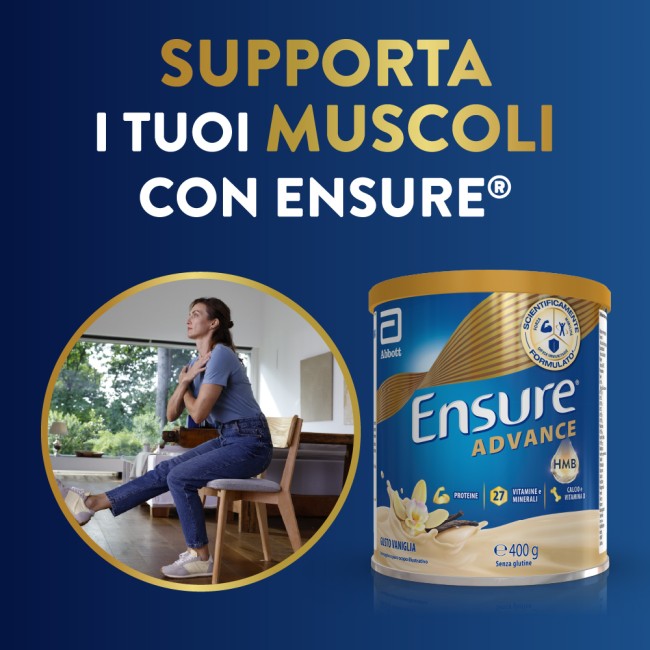 Barattolo Ensure Advance 400 g gusto vaniglia, integratore nutrizionale per forza ed energia.