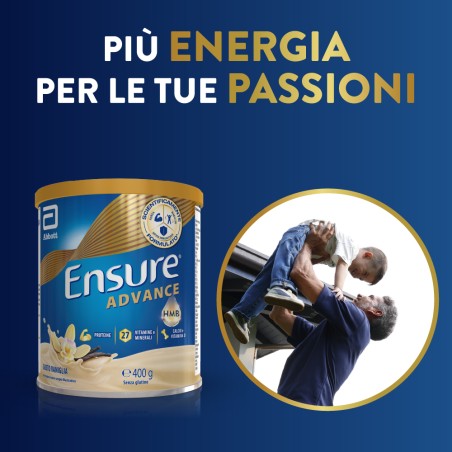 Barattolo Ensure Advance 400 g gusto vaniglia, integratore nutrizionale per forza ed energia.